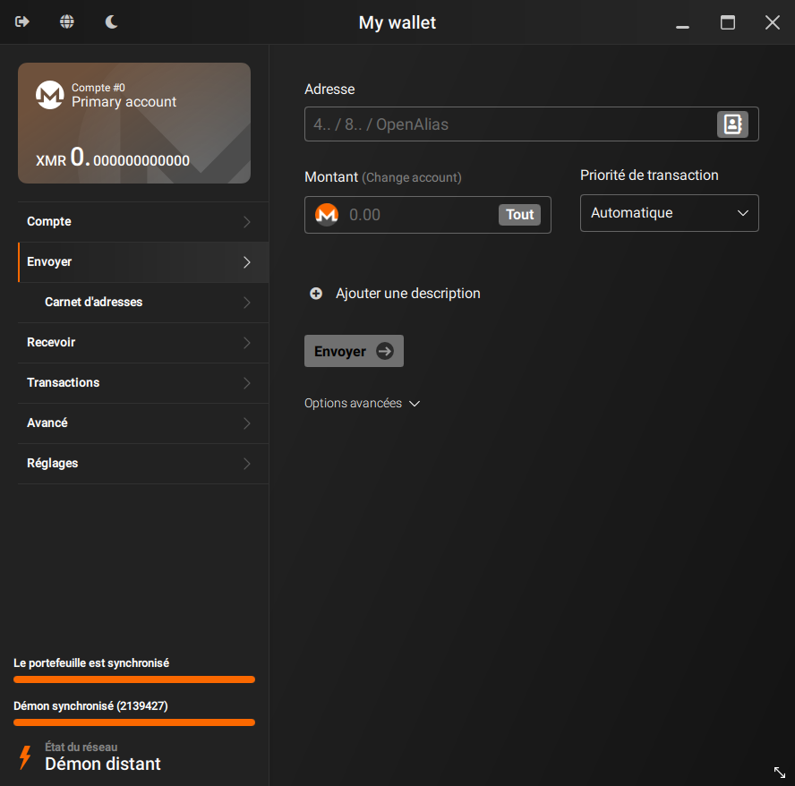 A screenshot of the Monero GUI wallet. It shows the wallet's balance and a navigation menu on the left, and a form for sending XMR on the right.